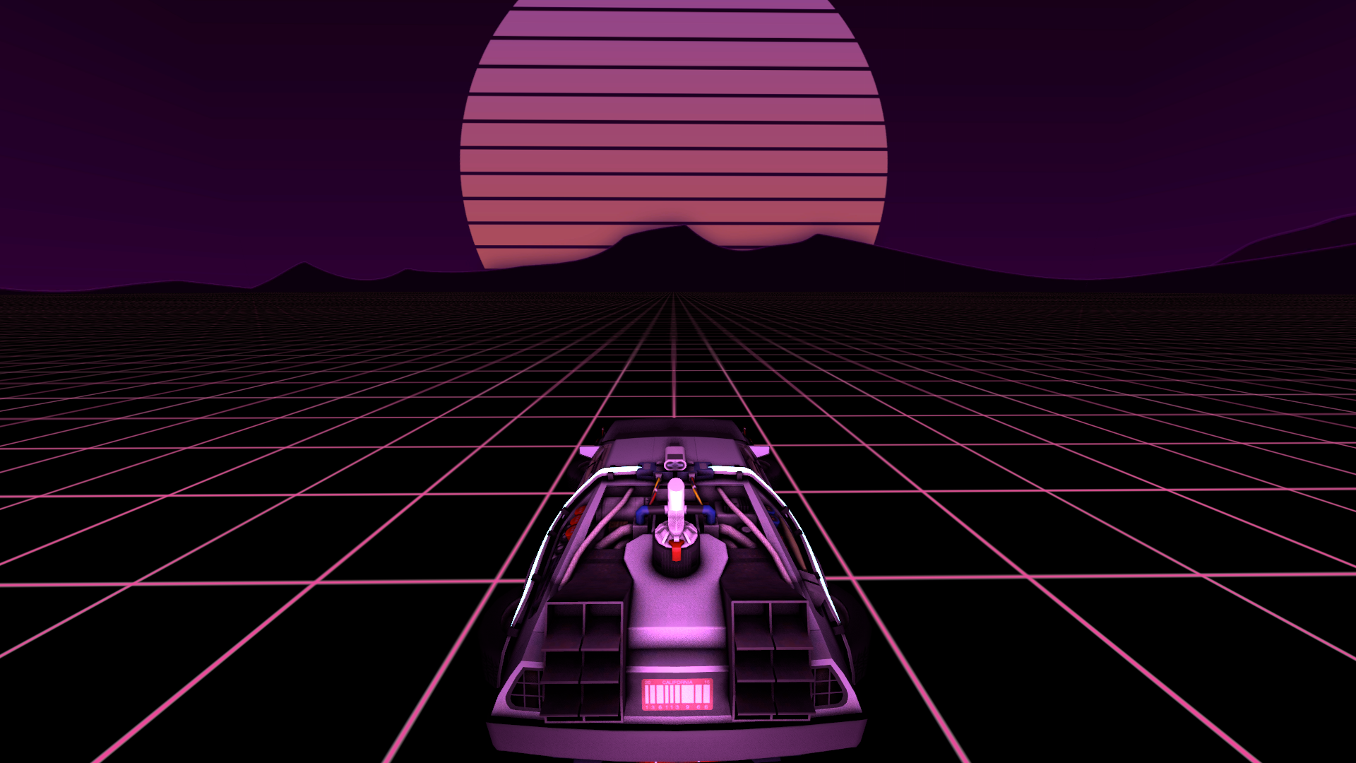 a DeLorian in a grid that looks like that one from tron, but the first one, not the second one becasue the second one was trash.