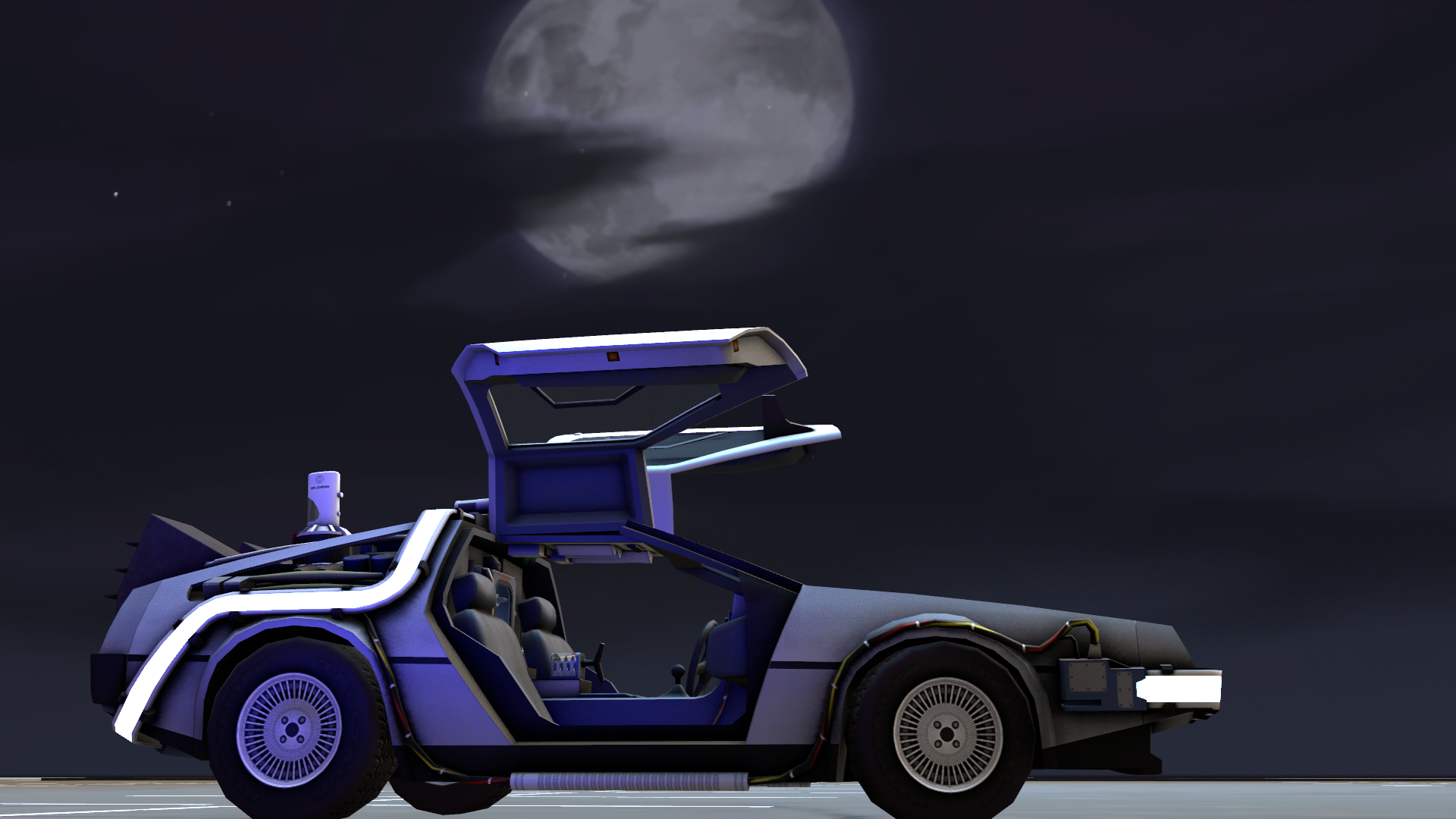 a DeLorian in a parking lot